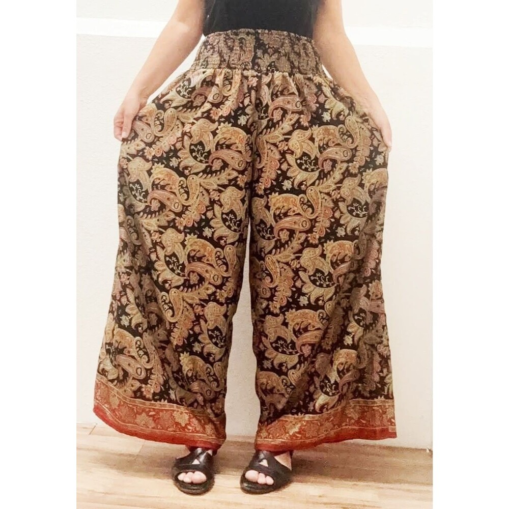 Sacred Threads OS = S / M / L Silk Blend Wide Palazzo Pants Boho Festival Gypsy